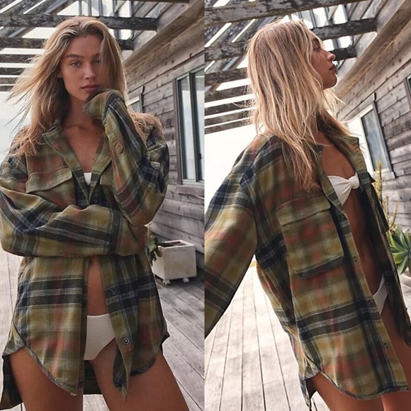 WE THE FREE Izzy Oversized Green Plaid Button Down Shirt Shacket NEW - Picture 2 of 4